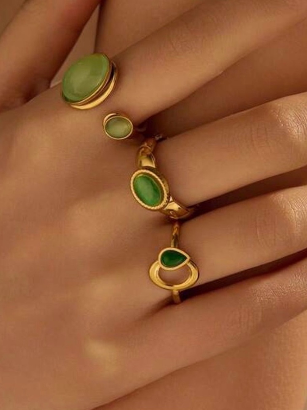Gold Plated Green Stone Stacking Ring Set